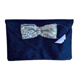 NWT Disney Parks Navy Blue and Silver sequin sparkle clutch with bow handbag bag